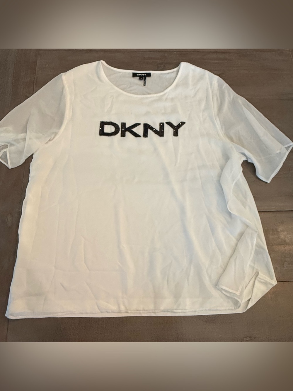 DKNY short-sleeve Blouse Women’s White Sheer Overlay Black Sequins Sz XL